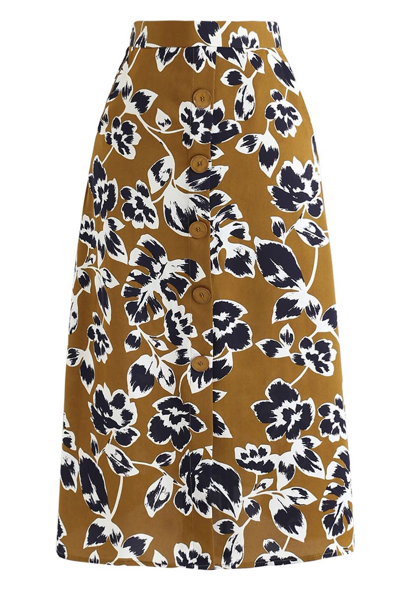 Floral Ting A-Line Midi Skirt in Mustard