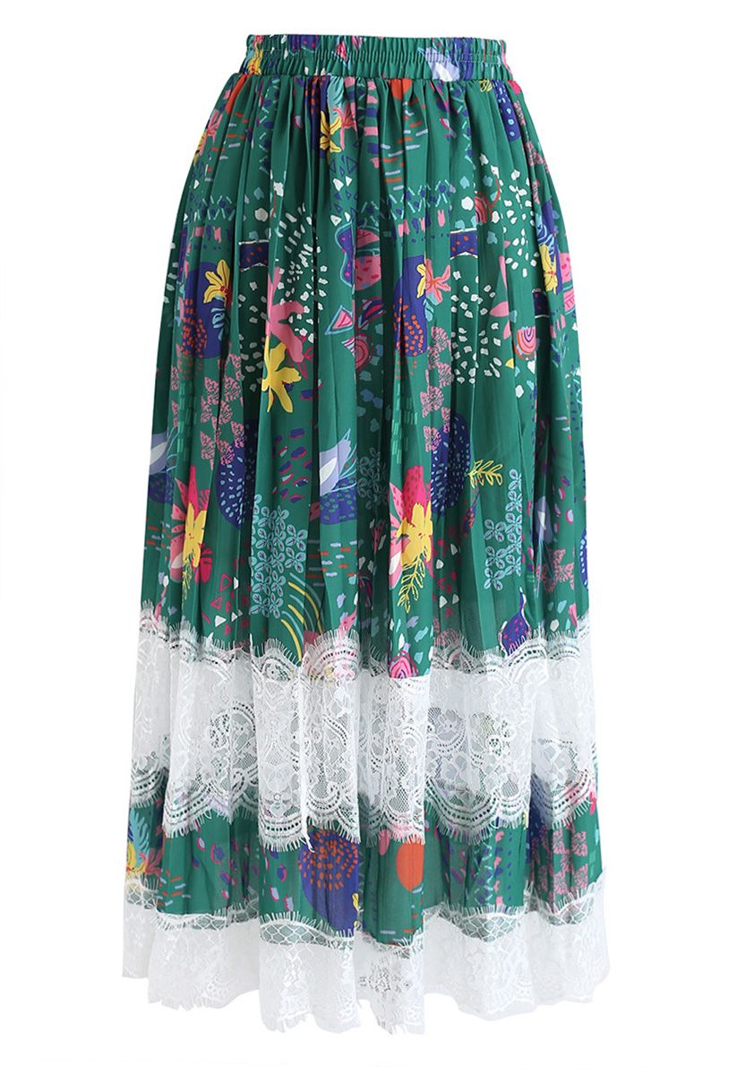 Road to Bali Lace Trimming Pleated Midi Skirt 
