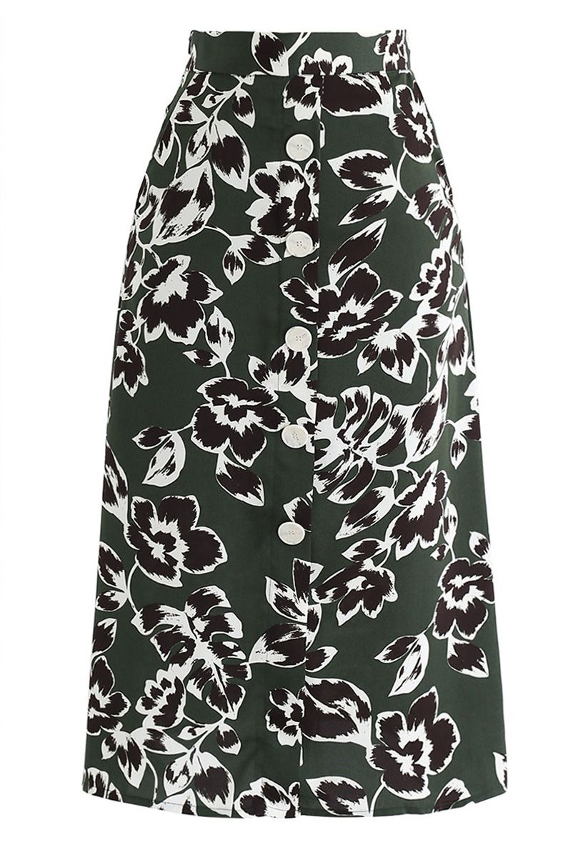 Floral Ting A-Line Midi Skirt in Dark Green