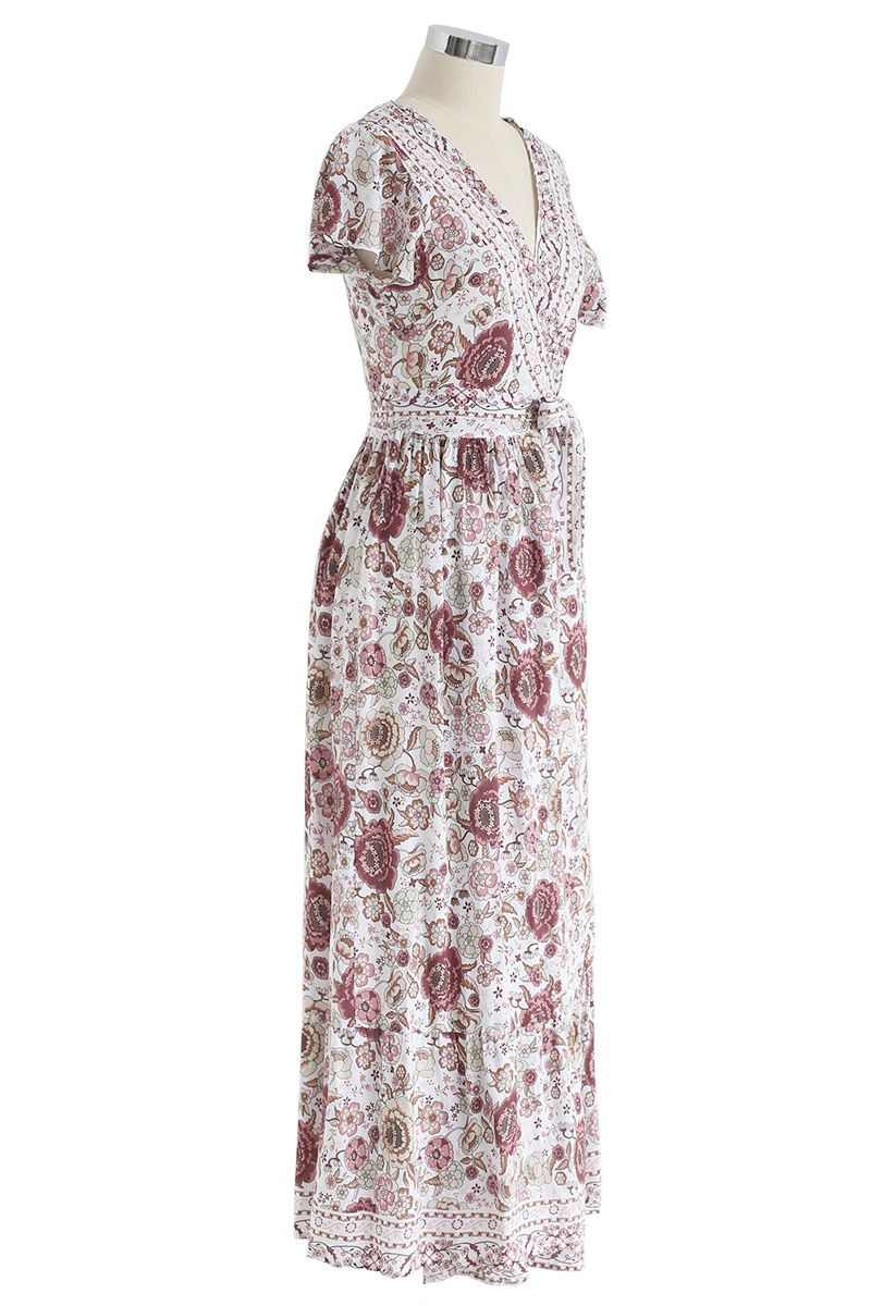 Boho Vibrant Floral Wrap Maxi Dress in Ivory - Retro, Indie and Unique ...