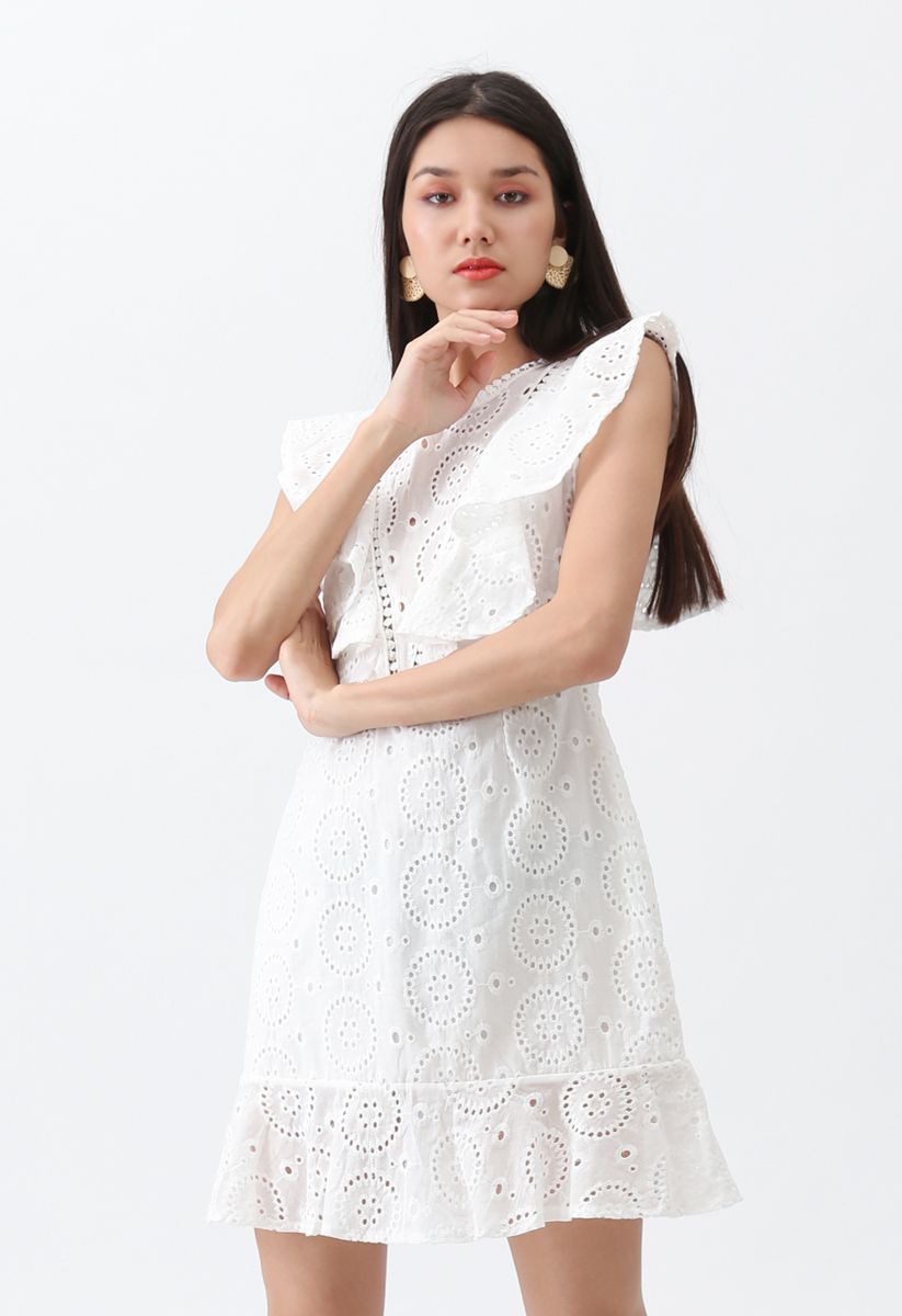 High Spirits Embroidered Ruffle Dress in White