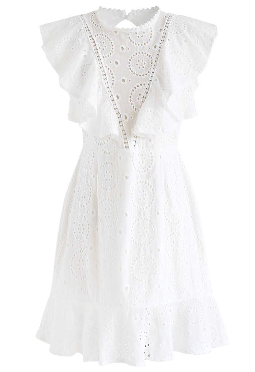 High Spirits Embroidered Ruffle Dress in White