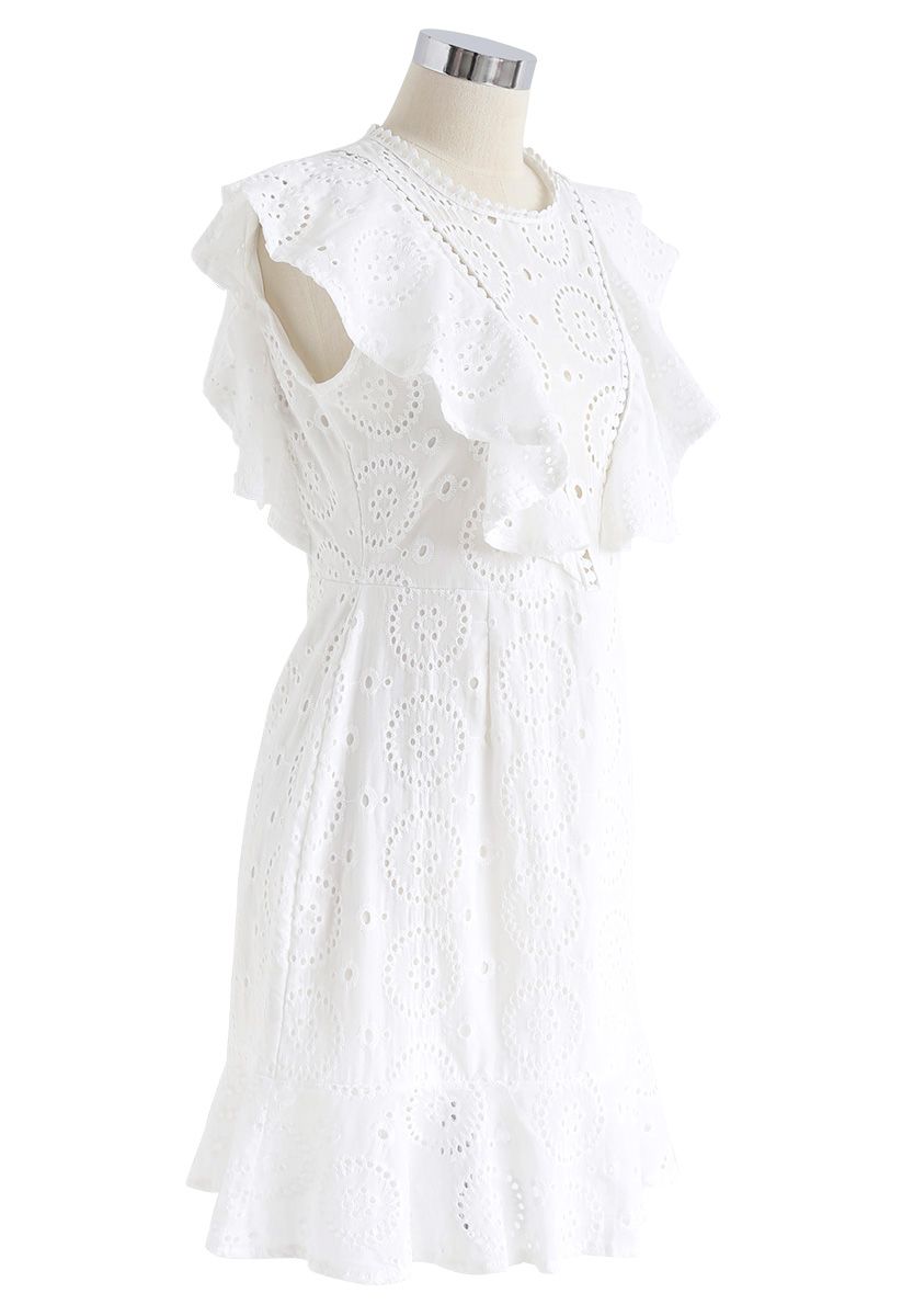 High Spirits Embroidered Ruffle Dress in White - Retro, Indie and ...