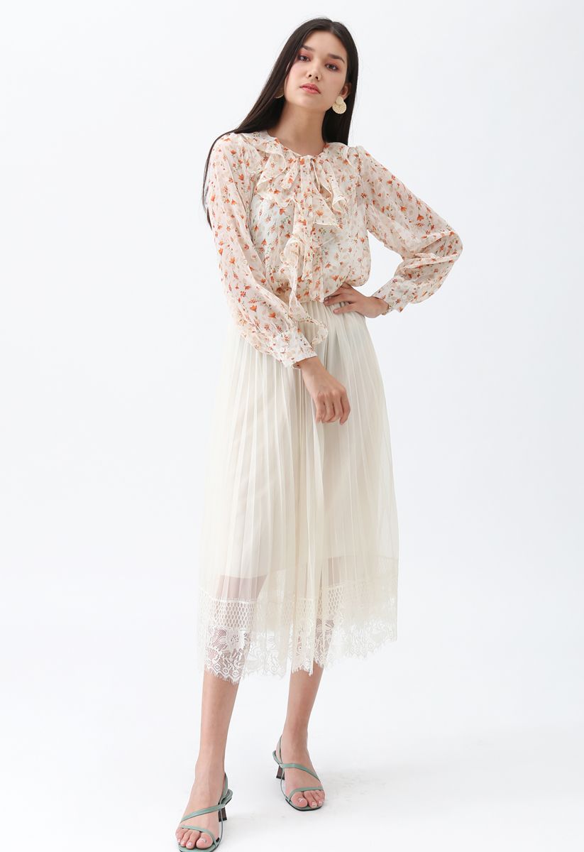 Last Dance Pleated Lace Mesh Skirt in Cream
