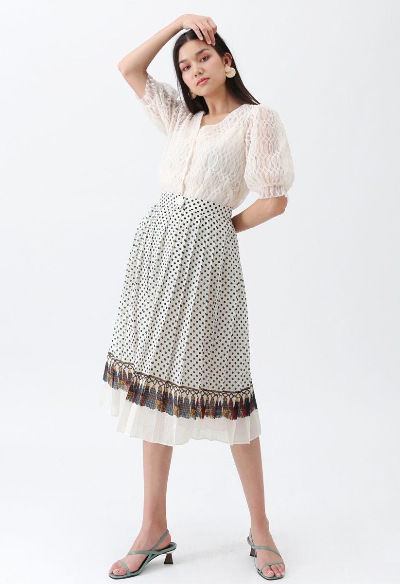 Love Yourself Pleated Dots Midi Skirt in Cream - Retro, Indie and ...