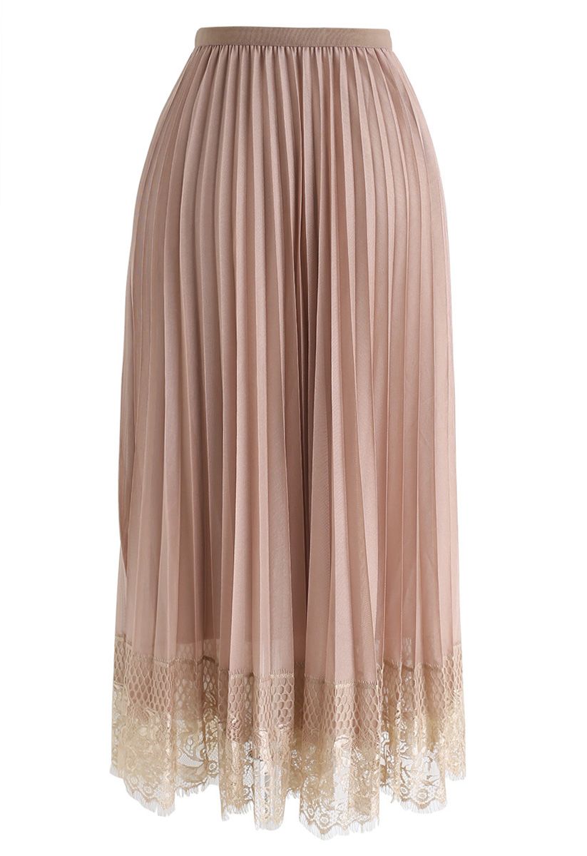 Last Dance Pleated Lace Mesh Skirt in Tan
