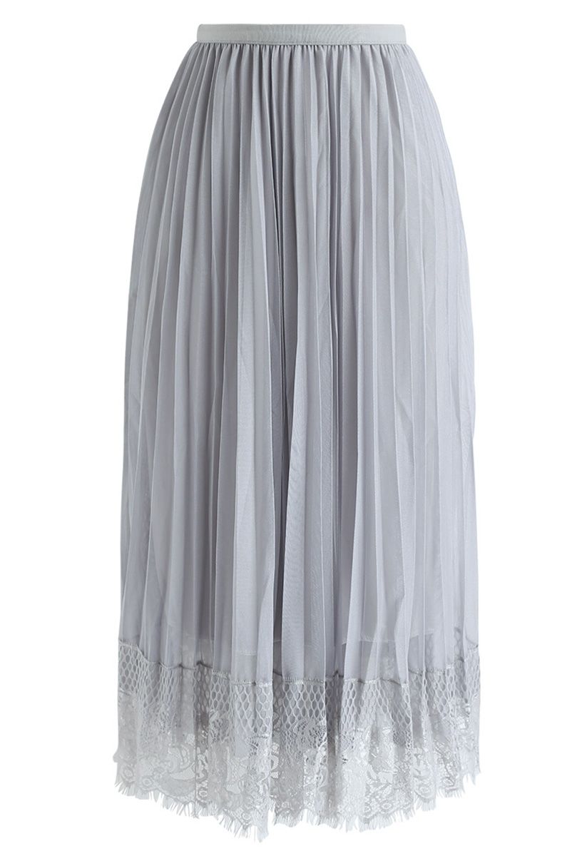 Last Dance Pleated Lace Mesh Skirt in Grey