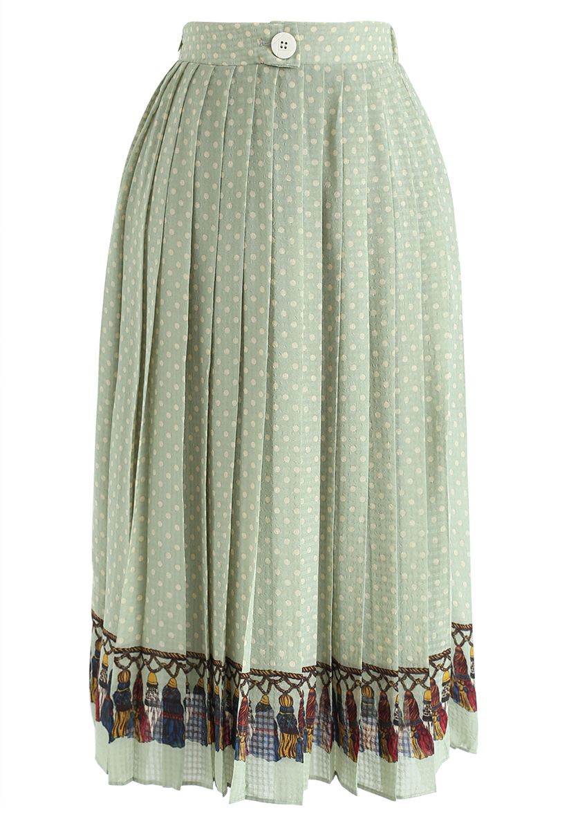 Love Yourself Pleated Dots Midi Skirt in Green - Retro, Indie and ...