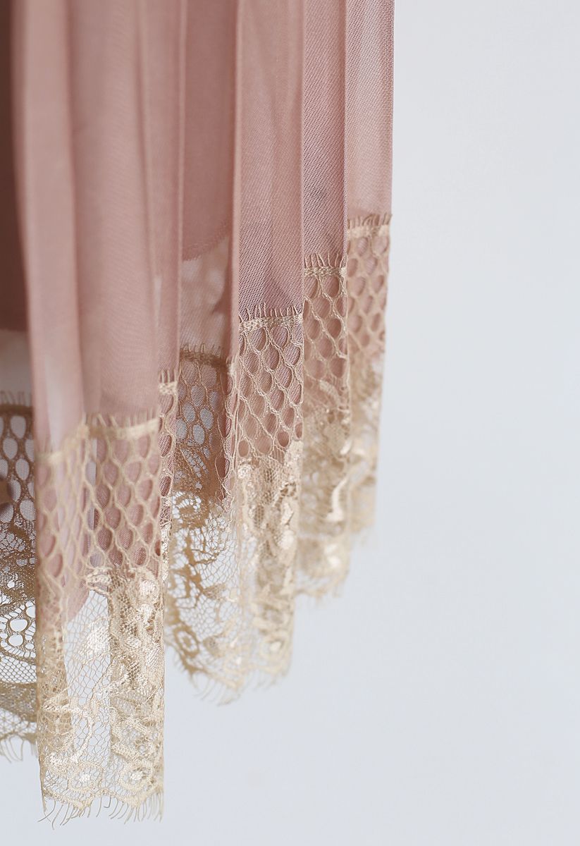 Last Dance Pleated Lace Mesh Skirt in Tan