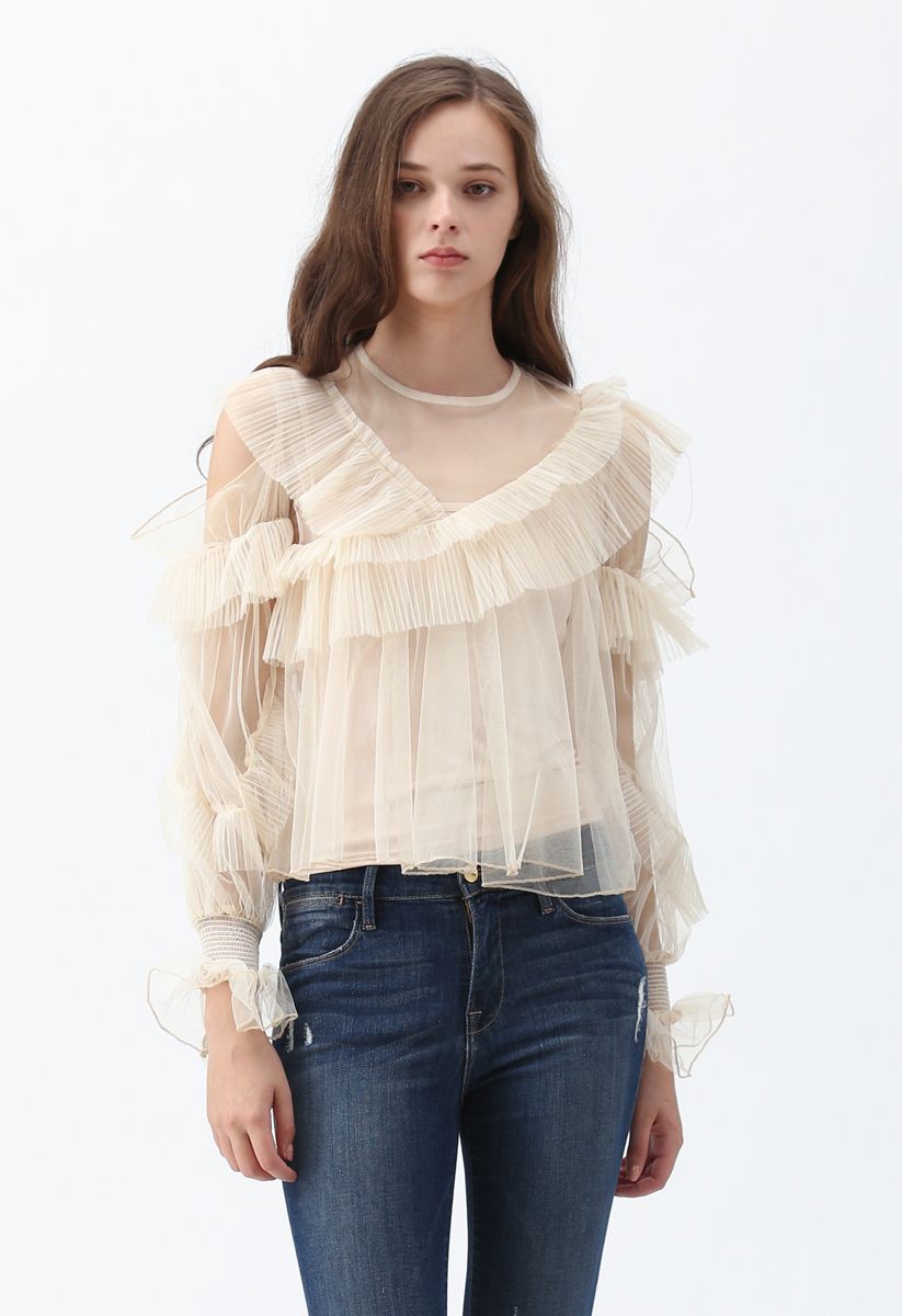 Angel Smile Cold-Shoulder Ruffle Mesh Top in Cream - Retro, Indie and ...