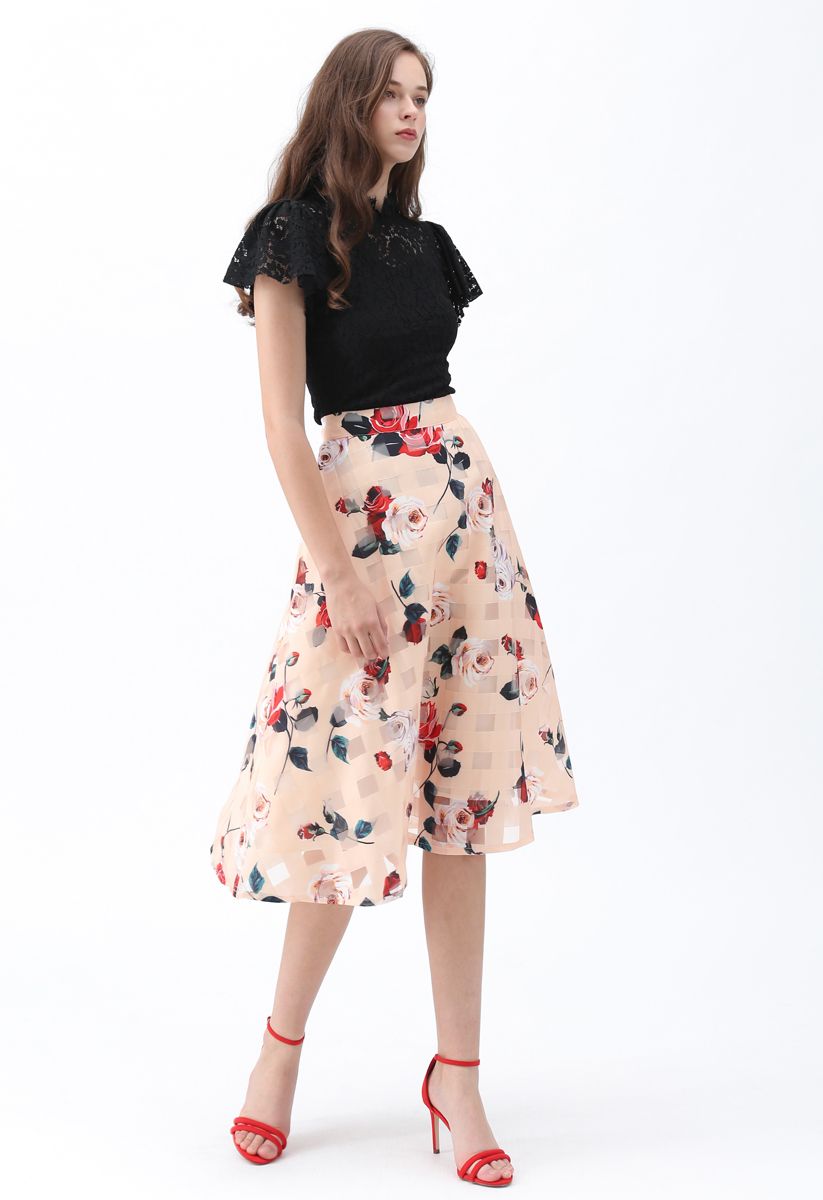 Wild Rose Floral A-Line Midi Skirt in Apricot - Retro, Indie and Unique ...
