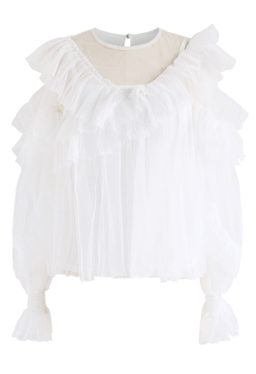 Angel Smile Cold-Shoulder Ruffle Mesh Top in White
