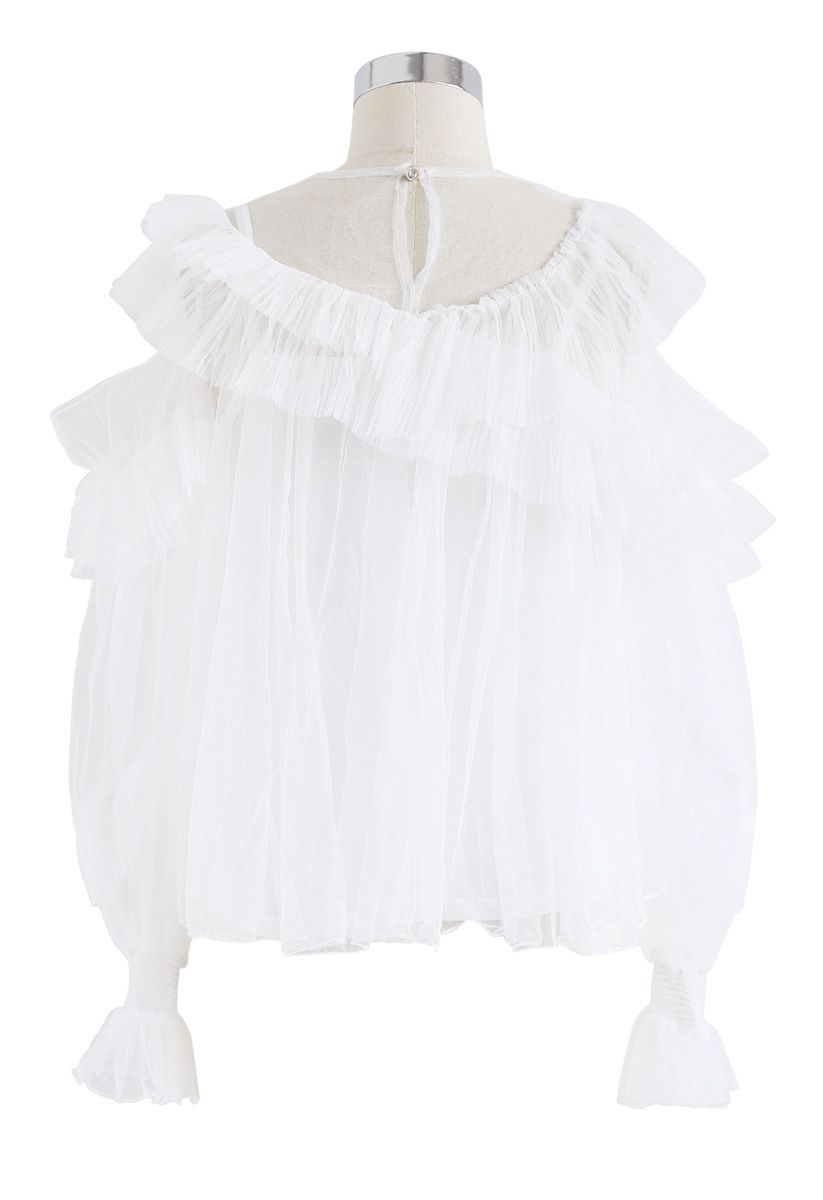 Angel Smile Cold-Shoulder Ruffle Mesh Top in White - Retro, Indie and ...