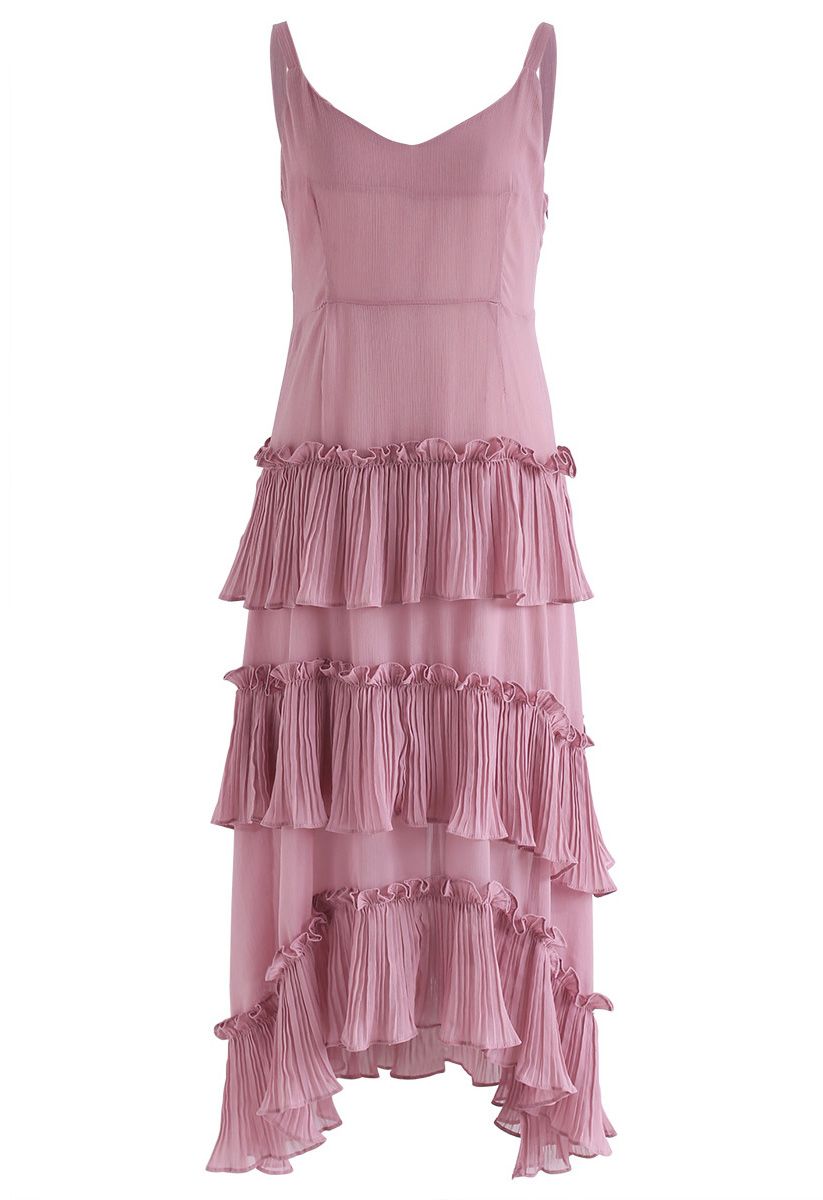 Summer Wind Ruffled Chiffon Cami Dress in Pink - Retro, Indie and