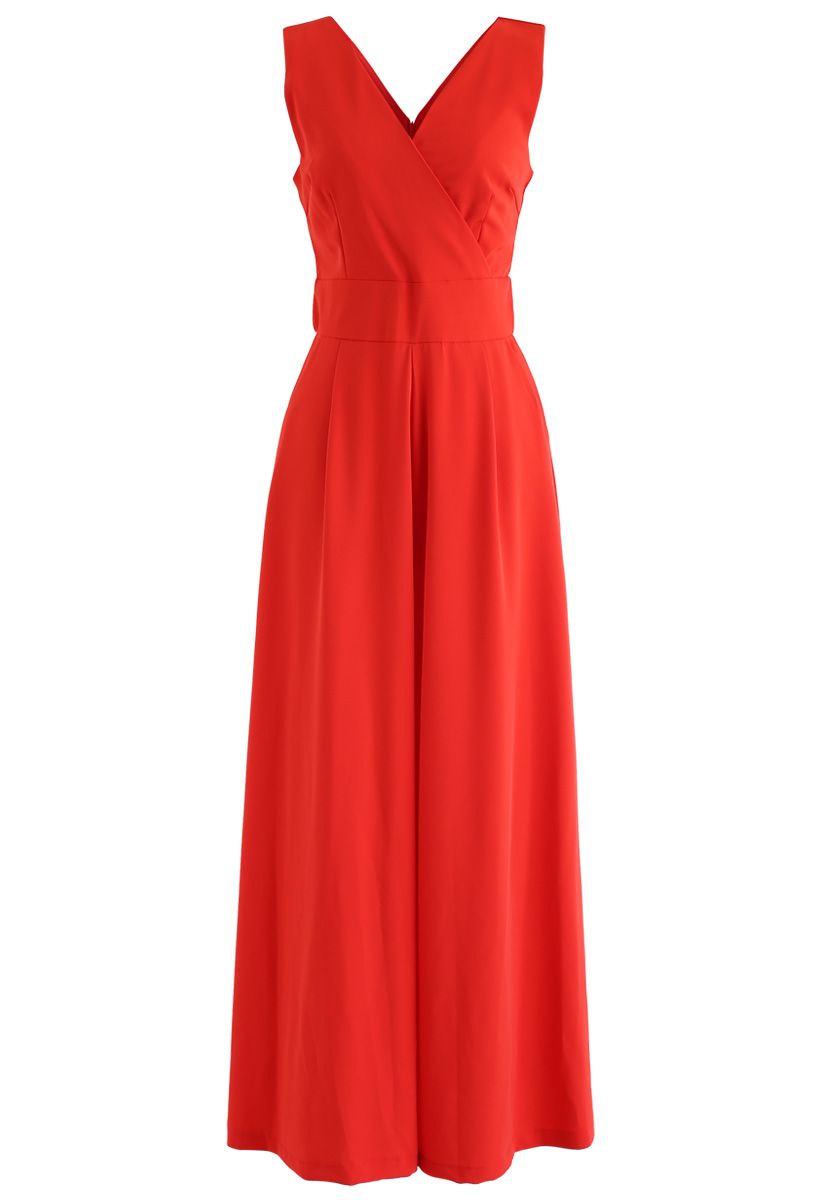 Eternal Elegance Wrapped Jumpsuit in Red - Retro, Indie and Unique Fashion