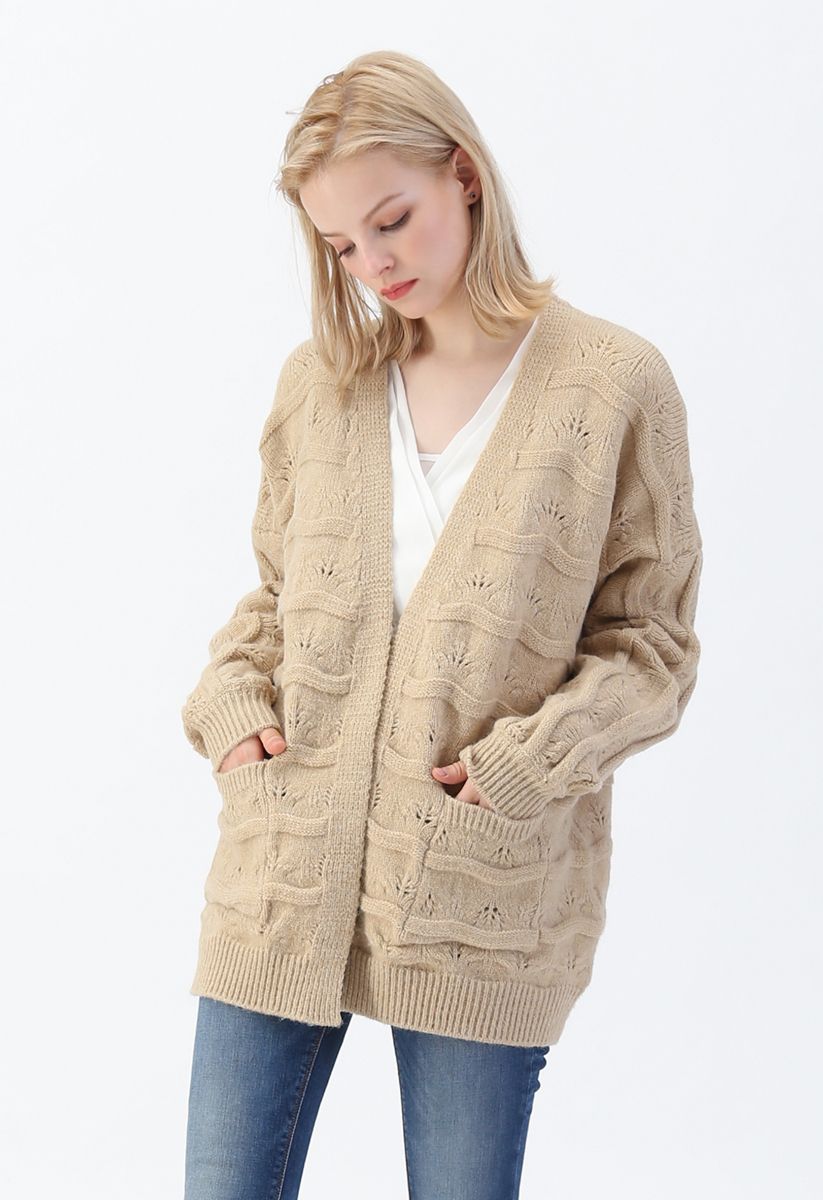 New Journey Open Front Knit Cardigan in Taupe
