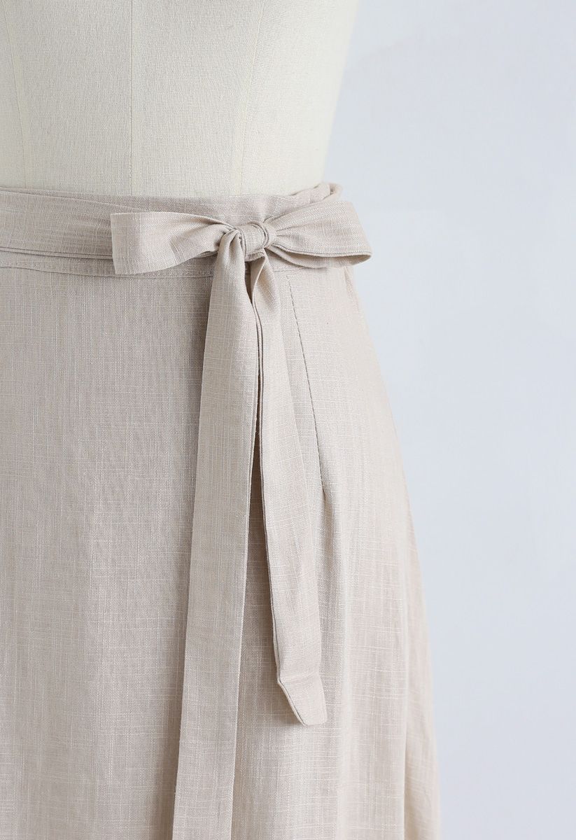 Self-Tied Bowknot A-Line Midi Skirt in Linen