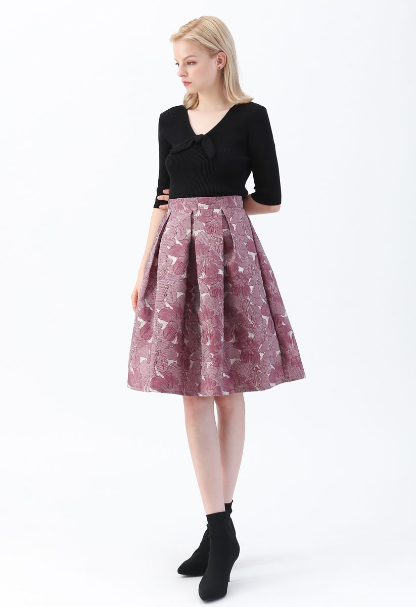Floral Jacquard Pleated Midi Skirt