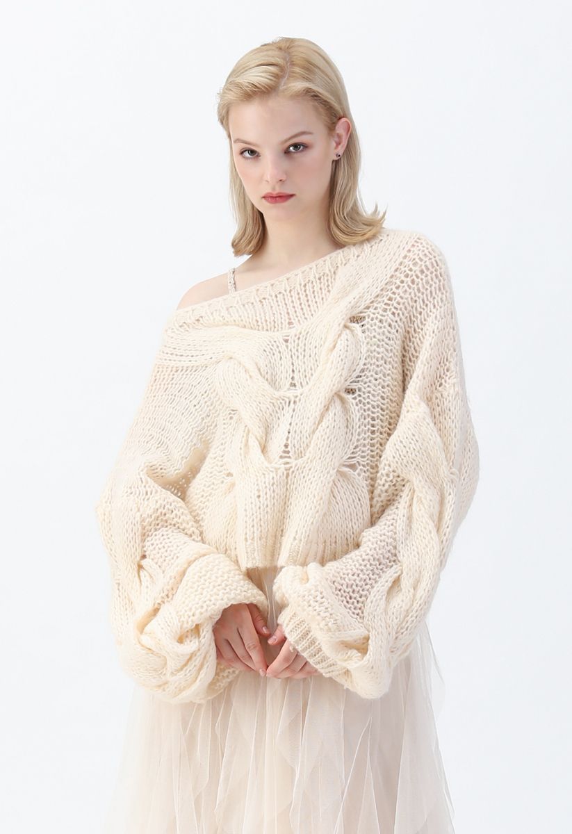 Hand-Knit Puff Sleeves Sweater in Cream
