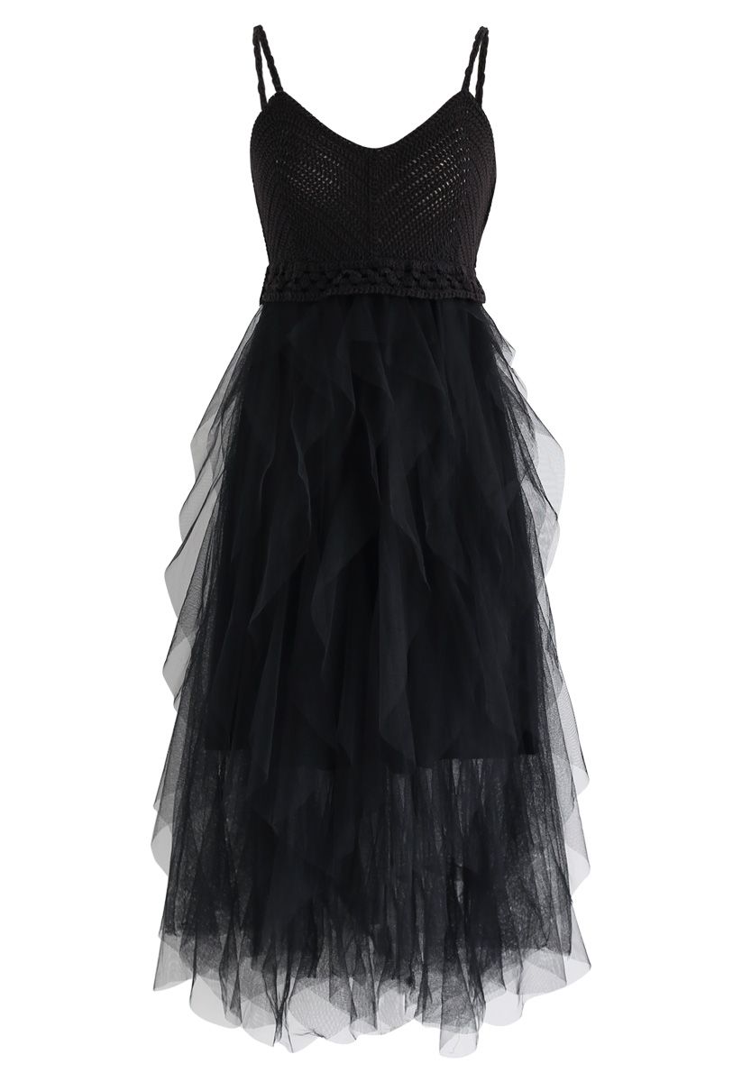 Knit Ruffled Mesh Cami Dress in Black - Retro, Indie and Unique Fashion