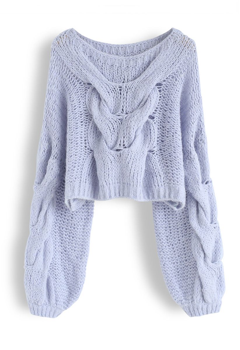 Hand-Knit Puff Sleeves Sweater in Blue