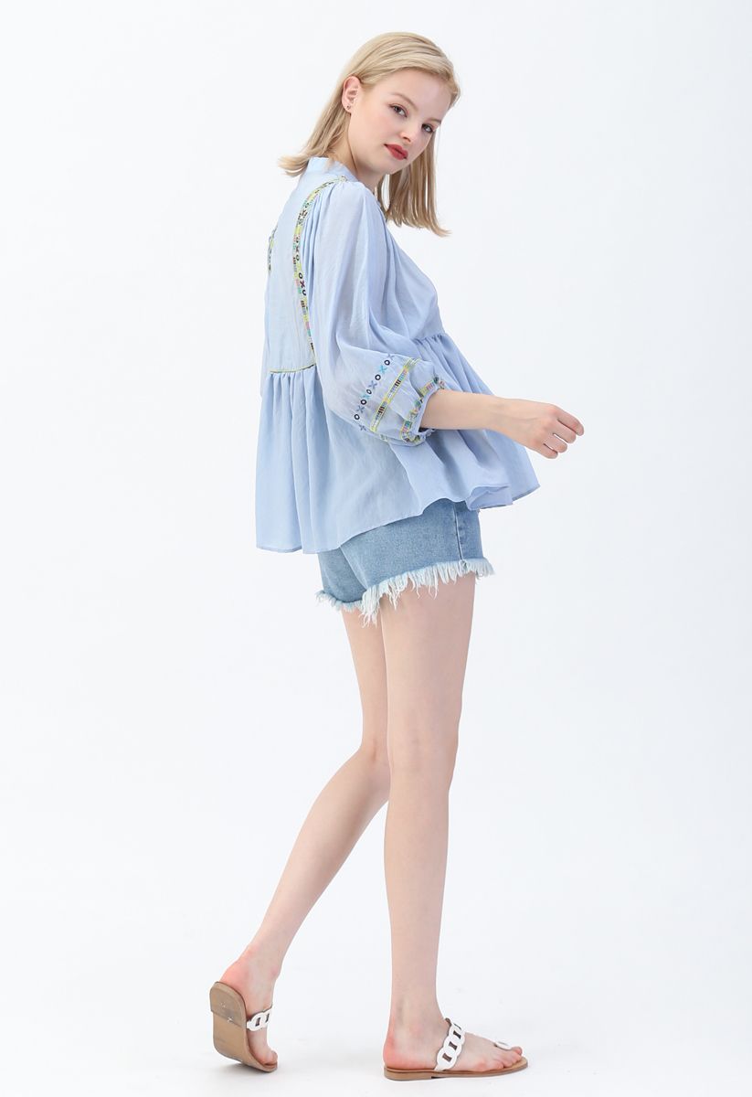 Puff Sleeves Boho Embroidered Dolly Top in Blue