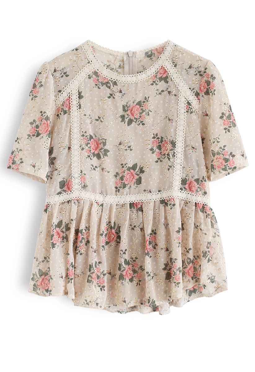 Floral Printed Eyelet Embroidered Peplum Top - Retro, Indie and Unique ...