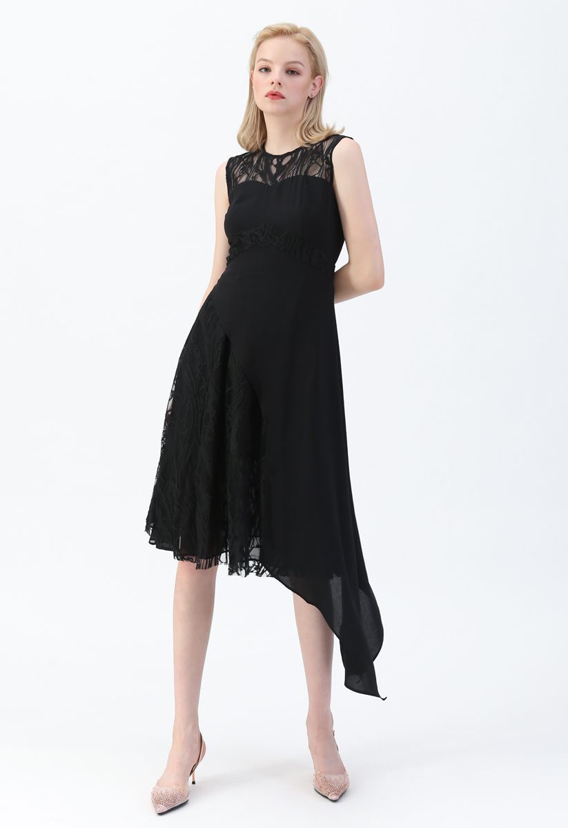 Lace Chiffon Asymmetric Sleeveless Dress in Black - Retro, Indie and ...