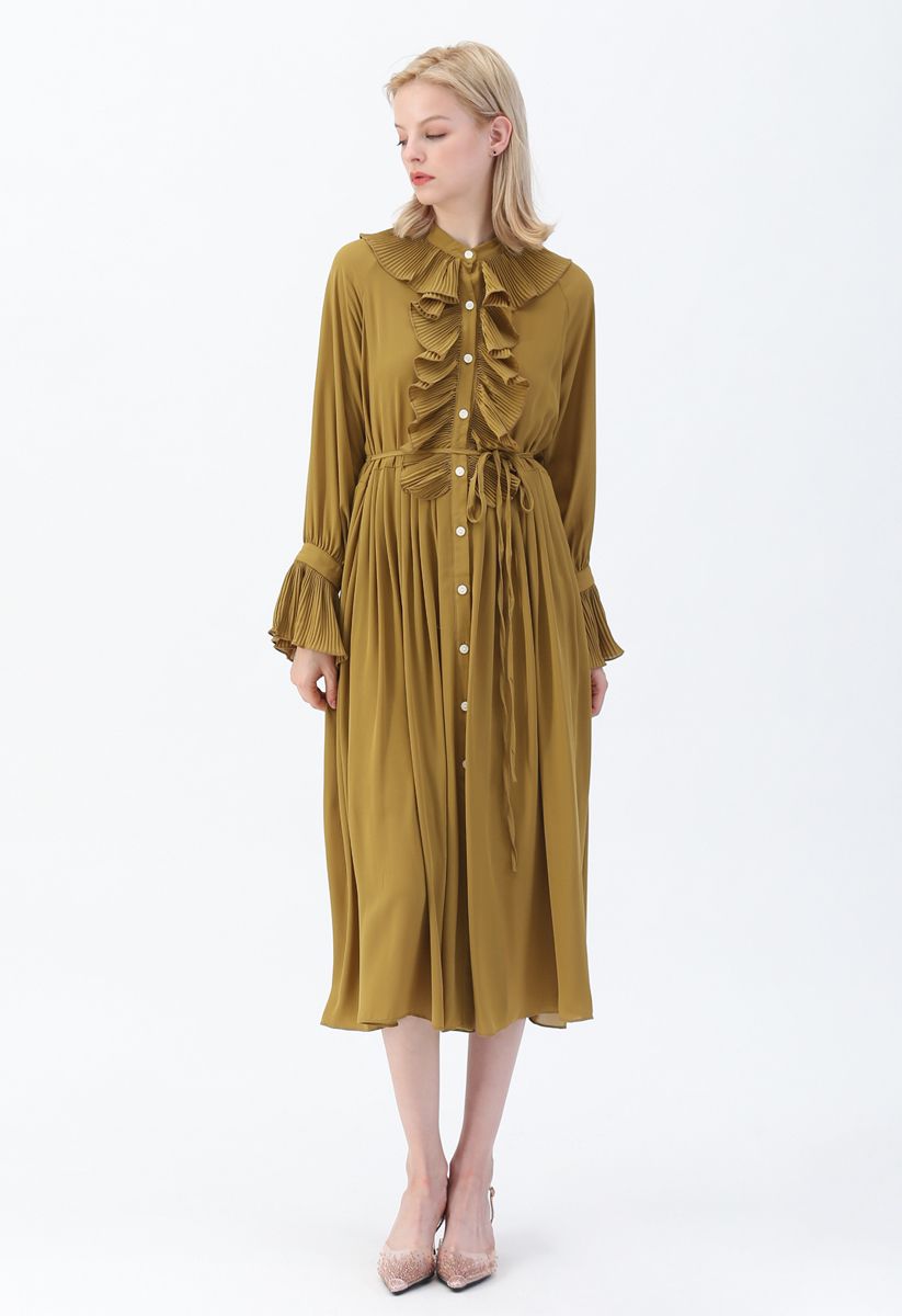 Ruffled Button Down Chiffon Dress in Mustard - Retro, Indie and Unique ...