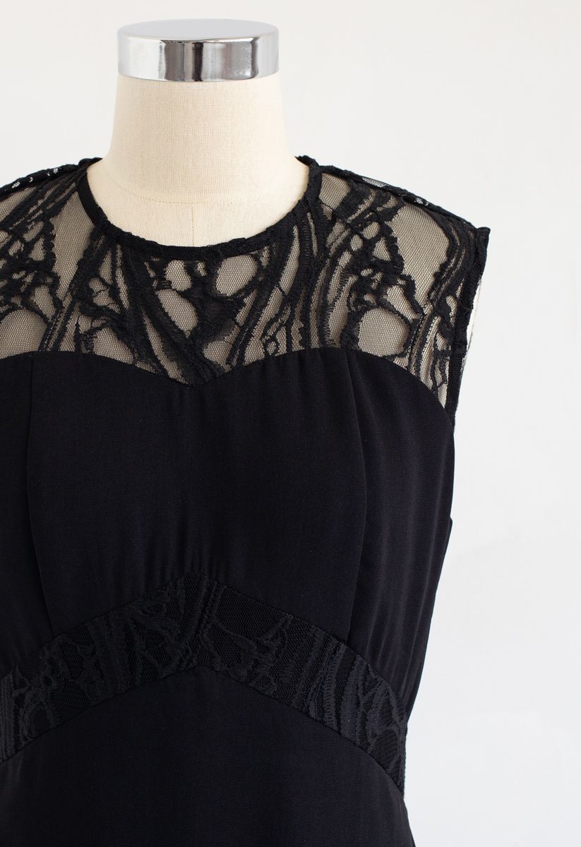 Lace Chiffon Asymmetric Sleeveless Dress in Black