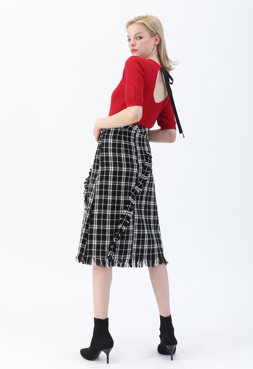 Plaid Tasseled Tweed A-Line Midi Skirt 