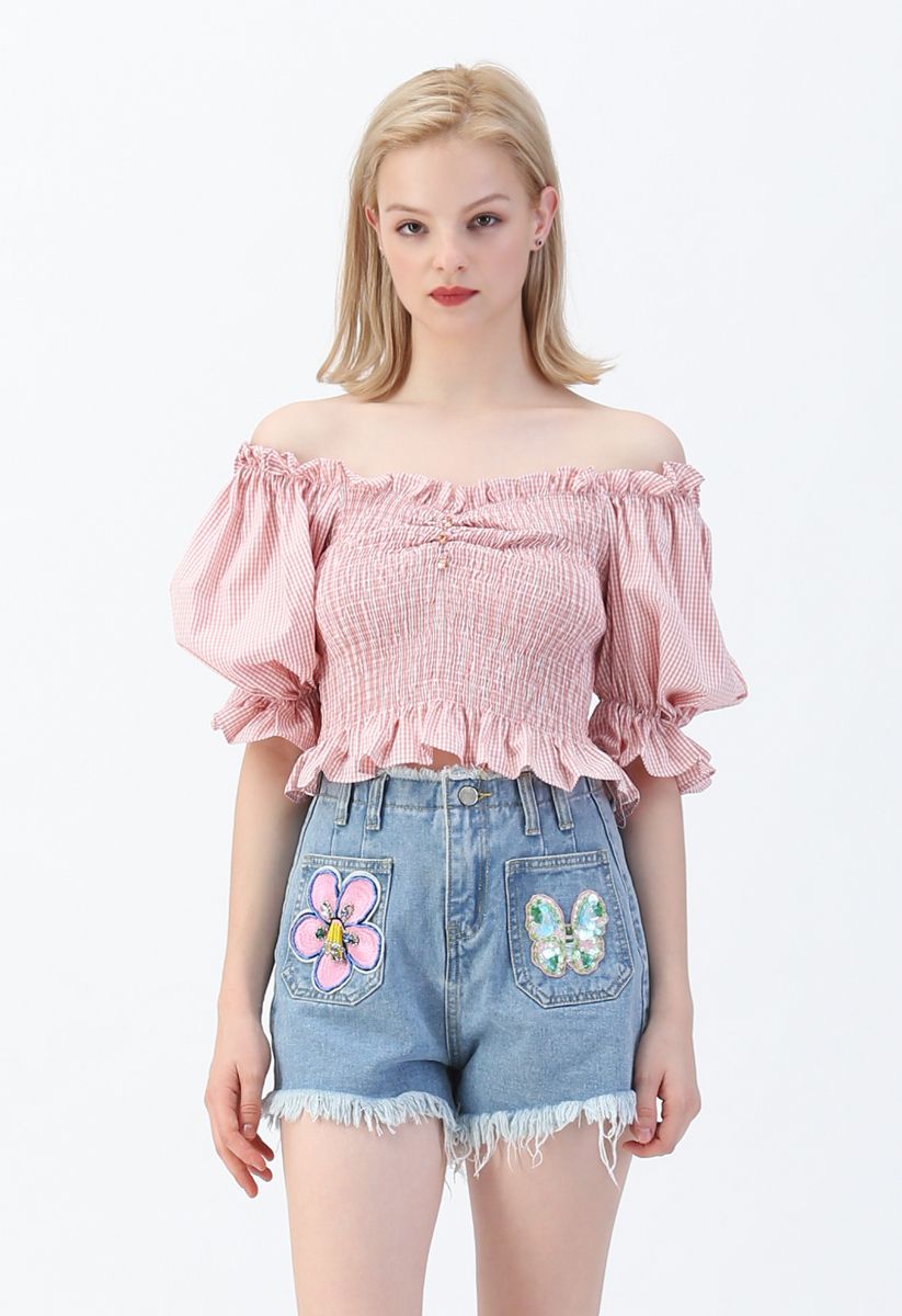 Sequin Trimmed High-Waisted Denim Shorts - Retro, Indie and Unique Fashion