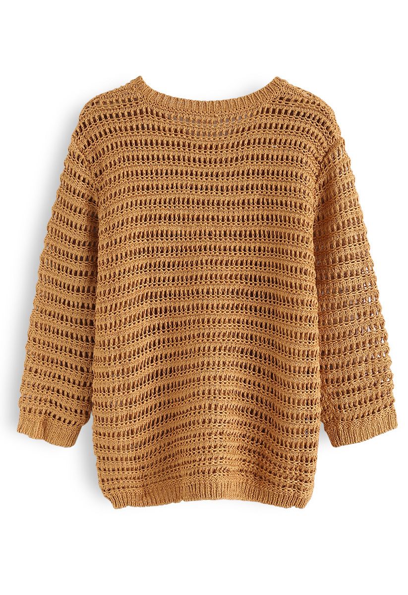 Hollow Out Round Neck Knit Sweater in Caramel