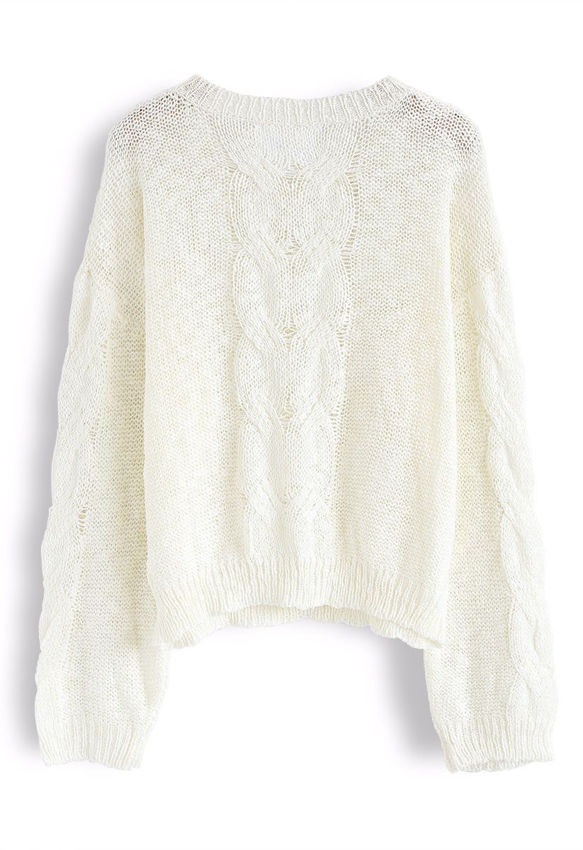 Loose Fit Cable Knit Sweater in Ivory - Retro, Indie and Unique Fashion