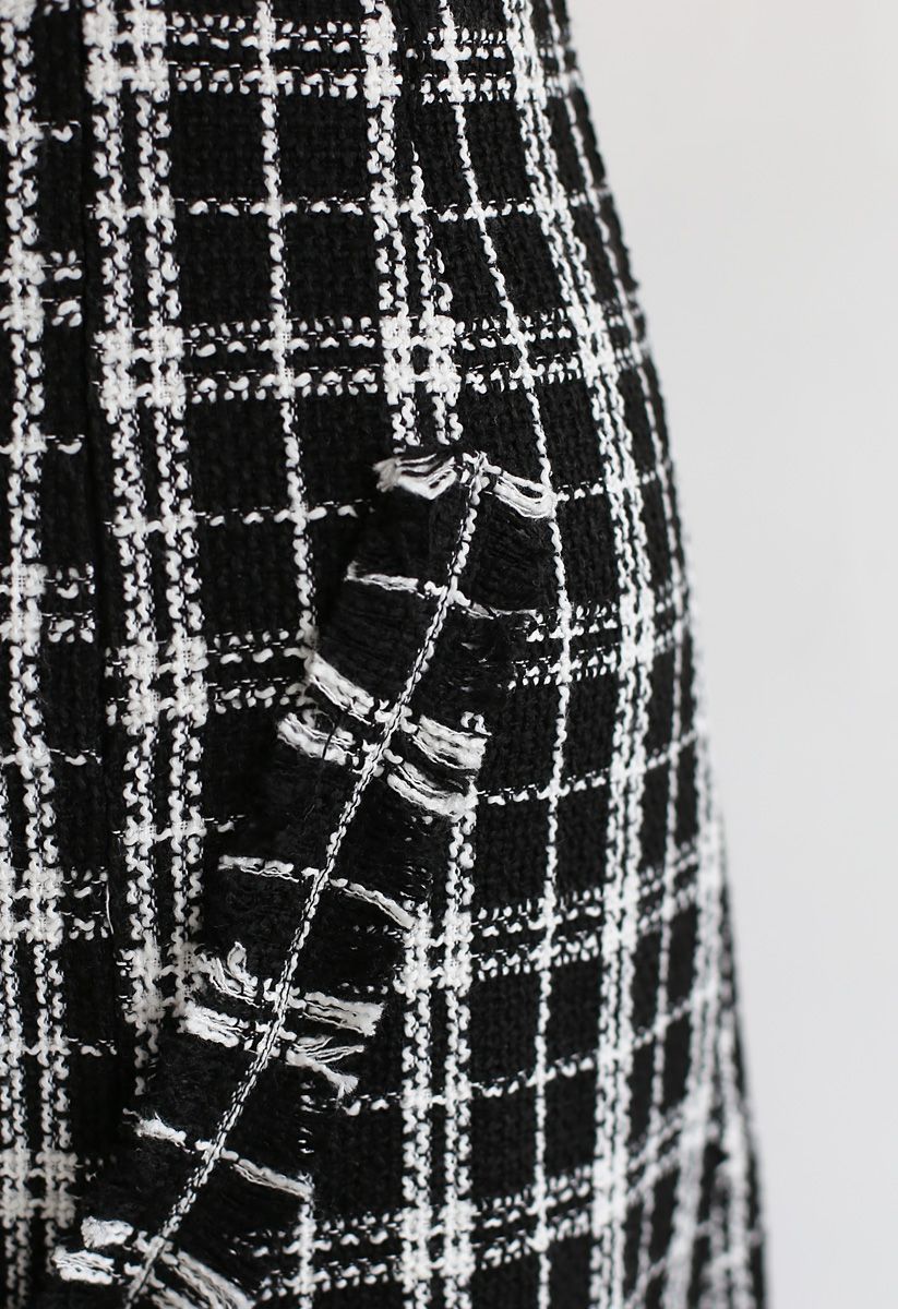 Plaid Tasseled Tweed A-Line Midi Skirt 