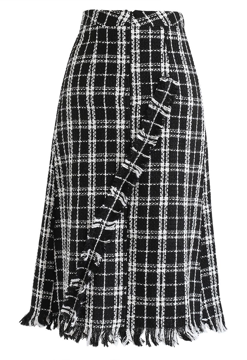 Plaid Tasseled Tweed A-Line Midi Skirt - Retro, Indie and Unique Fashion