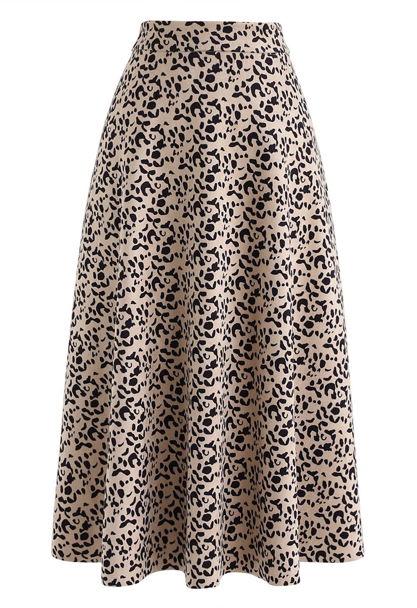 Leopard Print Faux Suede Midi Skirt - Retro, Indie and Unique Fashion