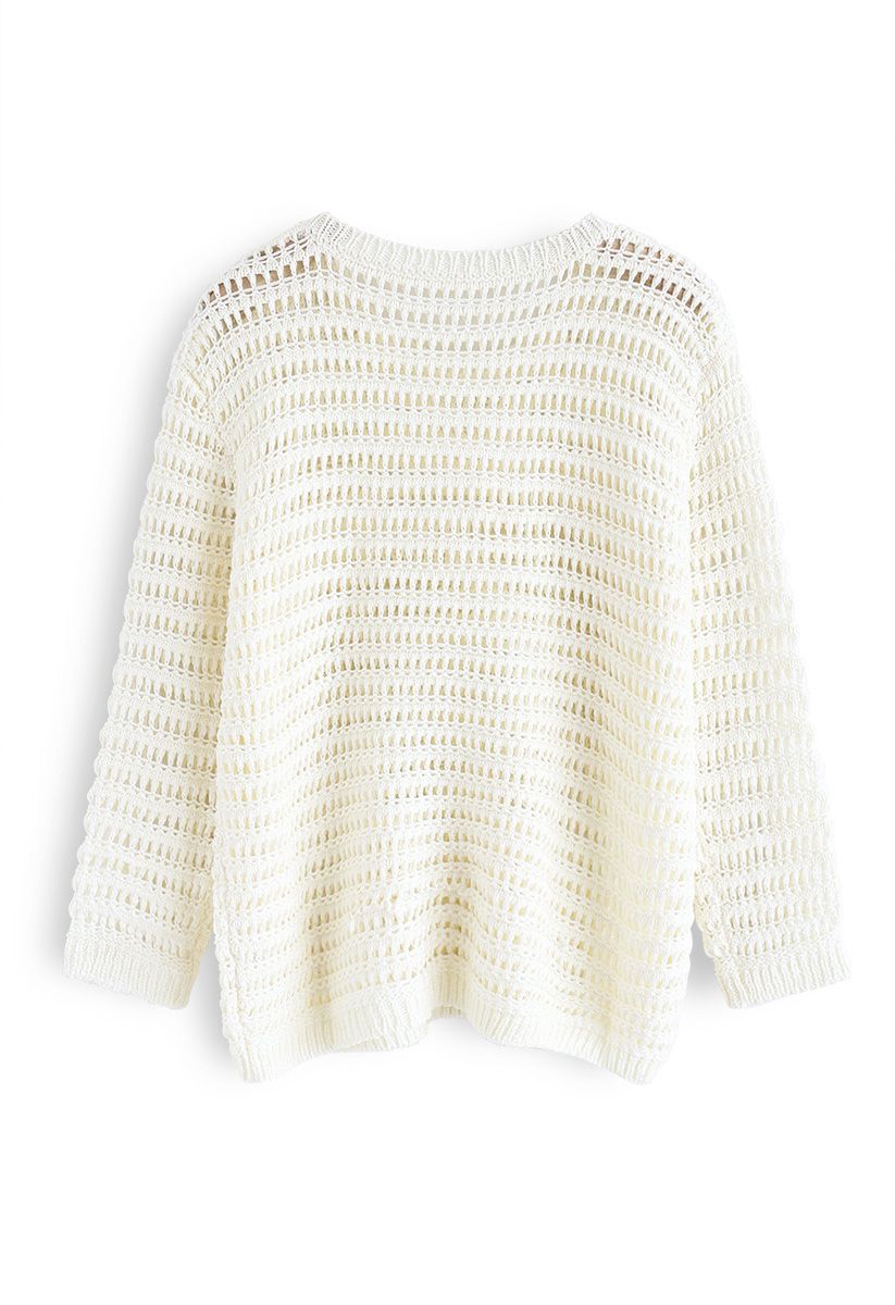 Hollow Out Round Neck Knit Sweater in White
