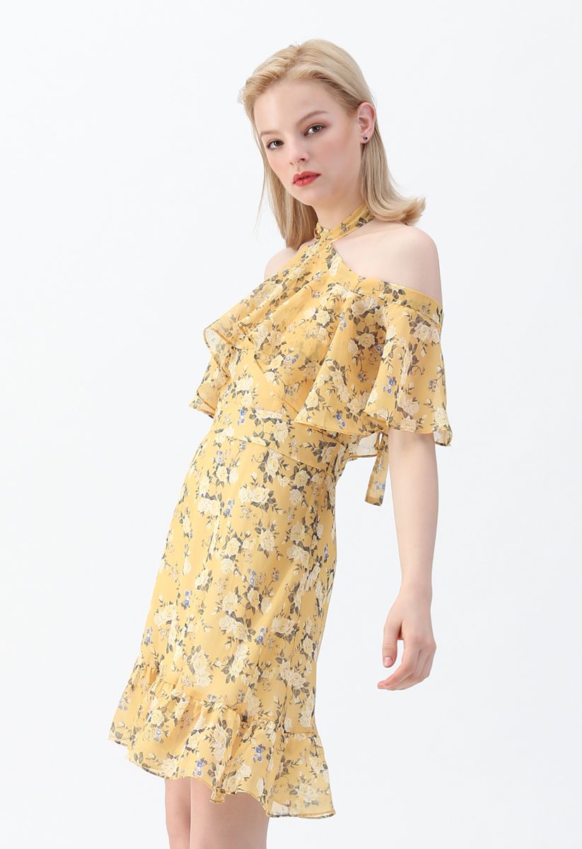 Yellow Peony Print Halter Neck Ruffle Dress 