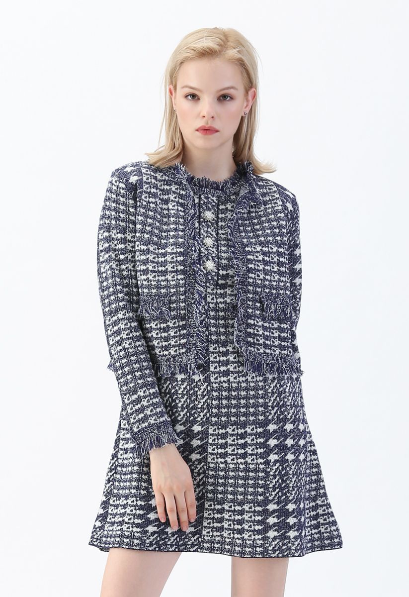 Contrast Houndstooth Pattern Crop Cardigan in Navy - Retro, Indie and ...
