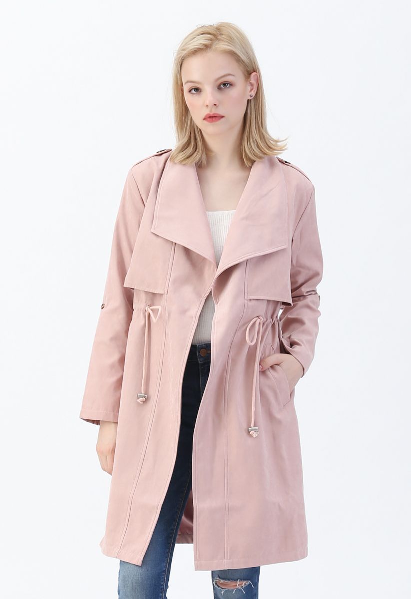 Drawstring Waist Longline Trench Coat in Pink - Retro, Indie and Unique ...