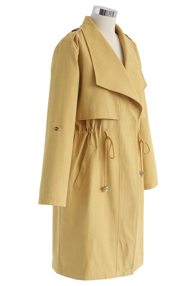 Drawstring Waist Longline Trench Coat in Mustard - Retro, Indie and ...