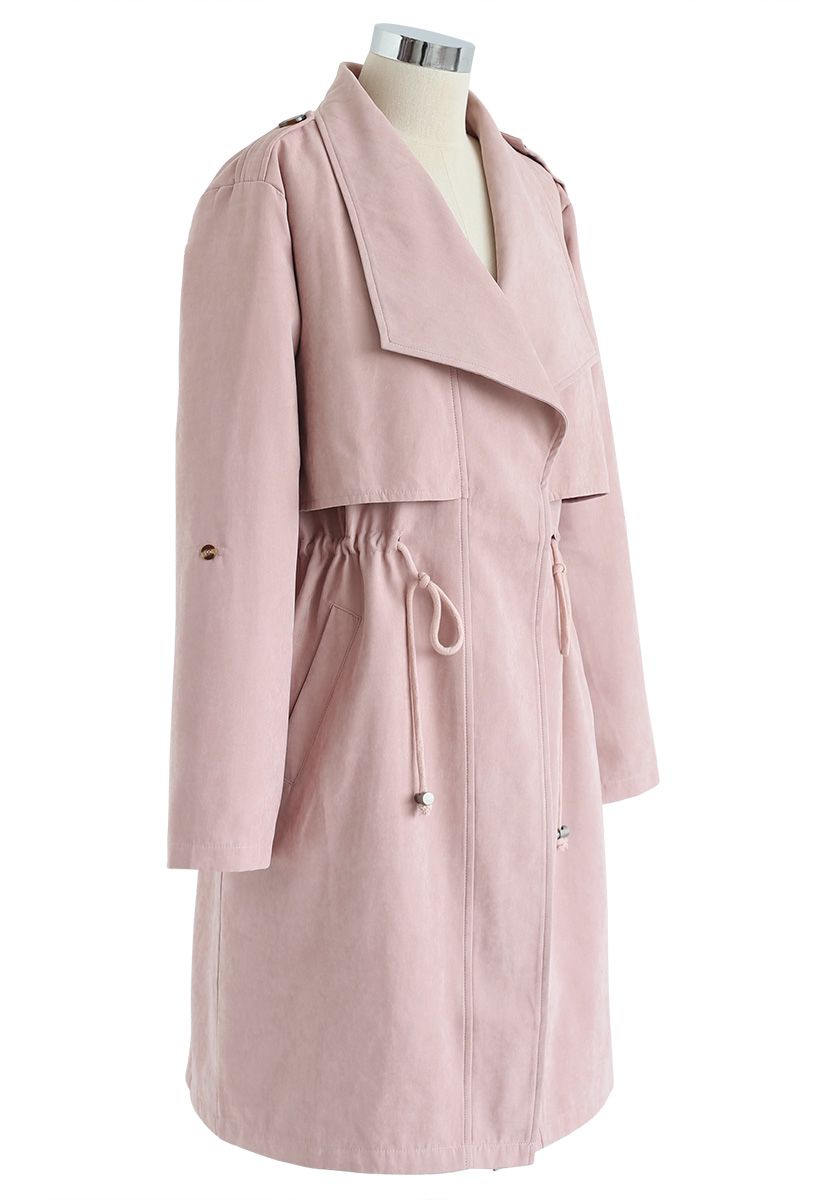 Drawstring Waist Longline Trench Coat in Pink - Retro, Indie and Unique ...
