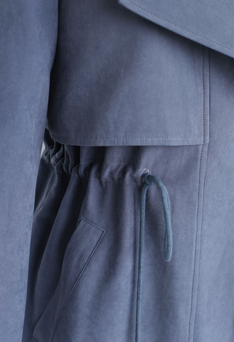 Drawstring Waist Longline Trench Coat in Dusty Blue