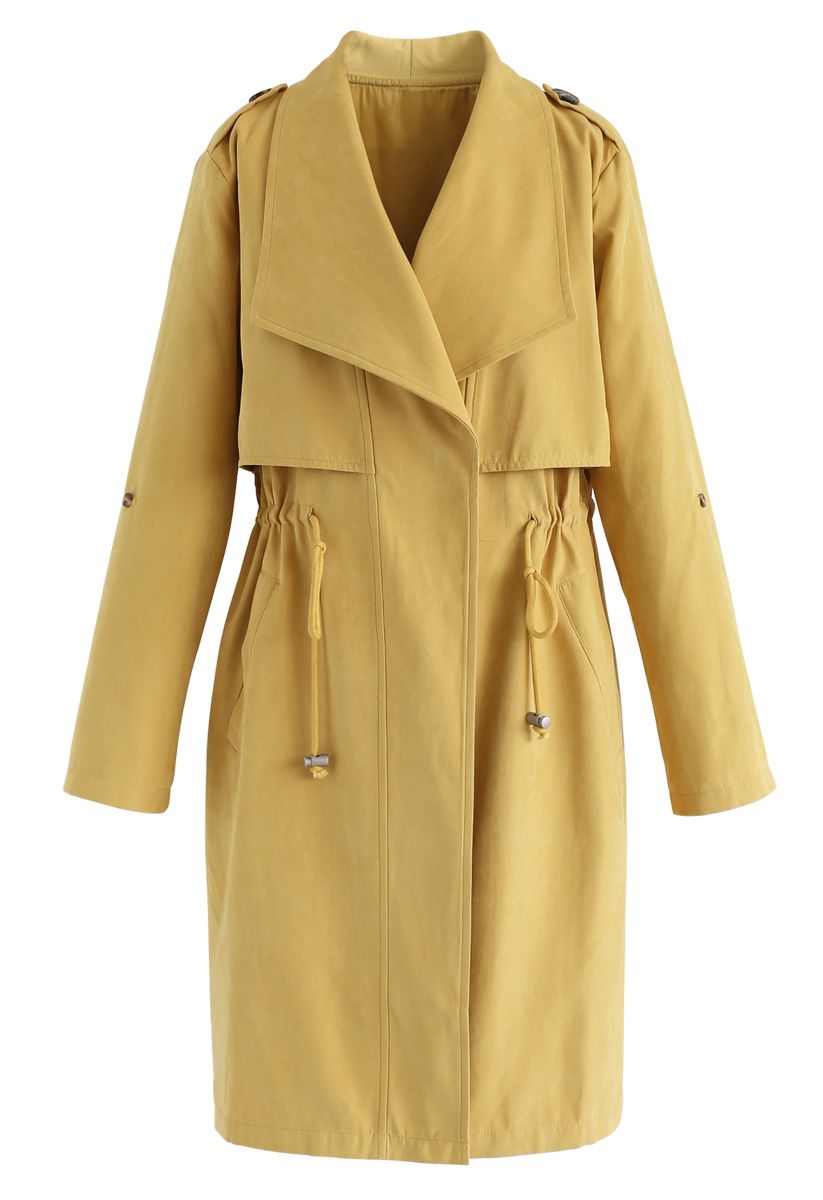 Drawstring Waist Longline Trench Coat in Mustard - Retro, Indie and ...