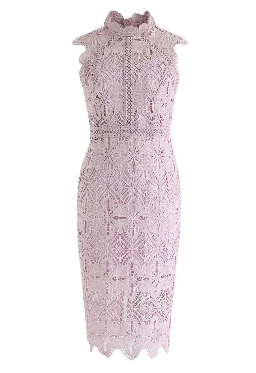 Diamond and Floral Crochet Bodycon Midi Dress in Pink