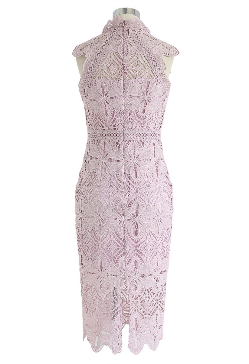 Diamond and Floral Crochet Bodycon Midi Dress in Pink