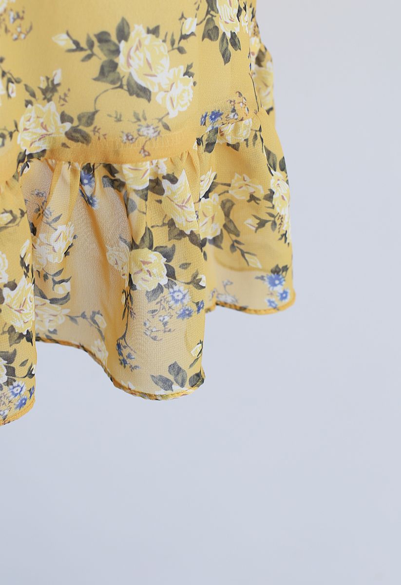 Yellow Peony Print Halter Neck Ruffle Dress 