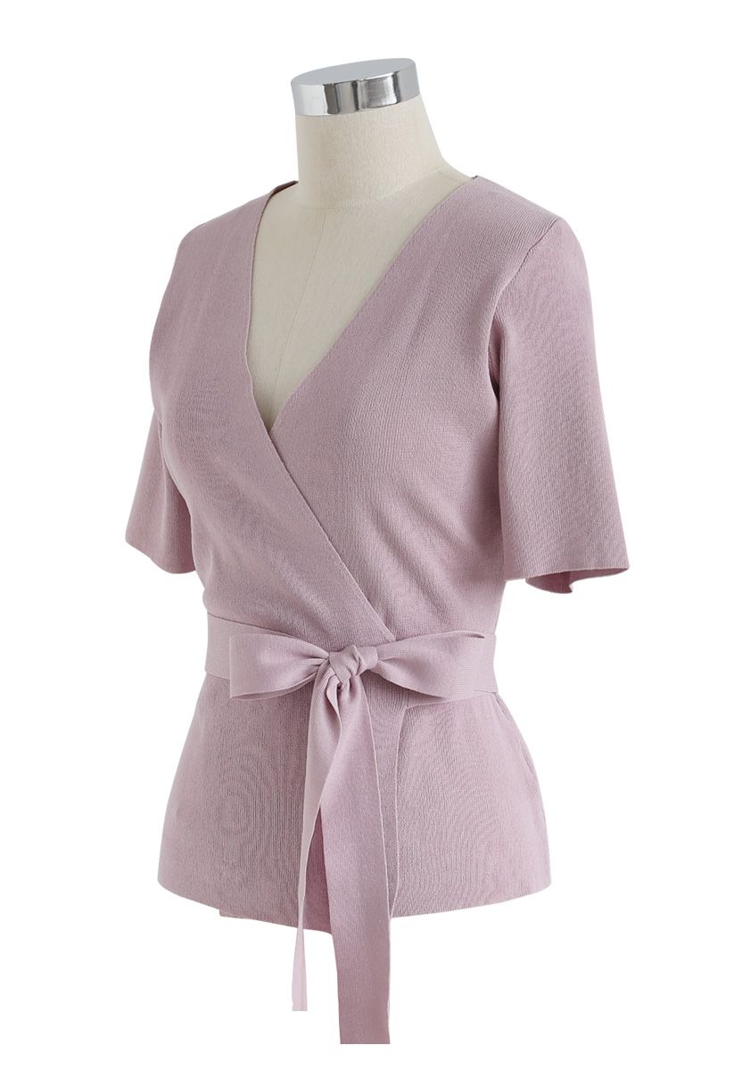Self-Tied Bowknot Wrapped Knit Top in Pink