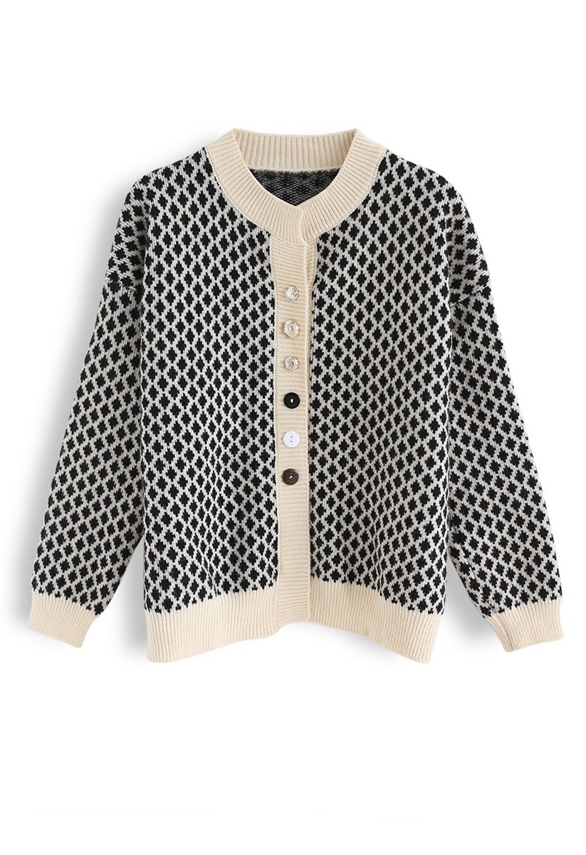 Contrast Diamond Pattern Knit Button Down Cardigan - Retro, Indie and ...